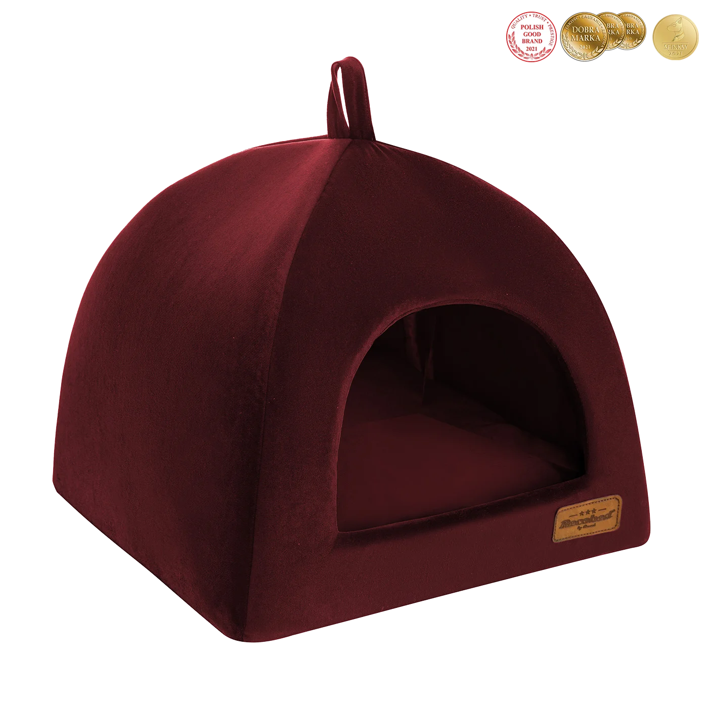 bordowa budka dla psa z weluru